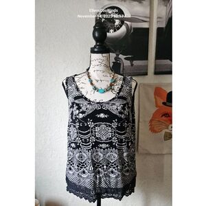 Bila Black & White Lace Trim Camisole w/ Sequins Boho Girl Hippy chick Medium